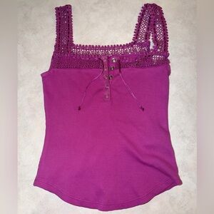 Anthropologie Crochet Trim Tank Top S Pink Square Neck Ribbed Boho Festival Lace